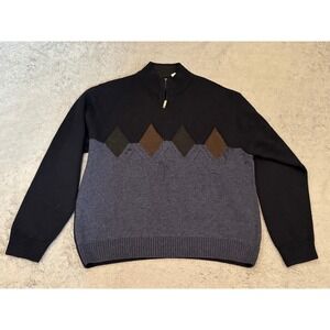 Alex Cannon Mens XL Merino Wool Blend Argyle Quarter Zip Sweater Navy Blue